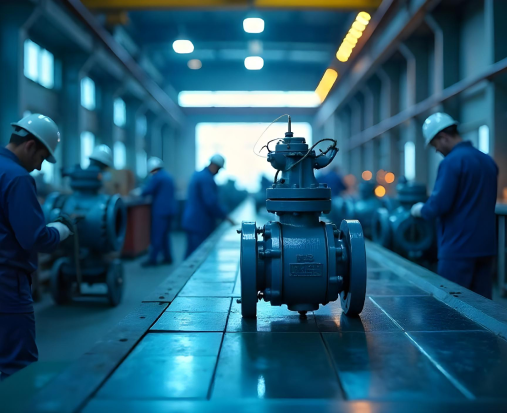 Group of engineers assembling and inspecting industrial valves